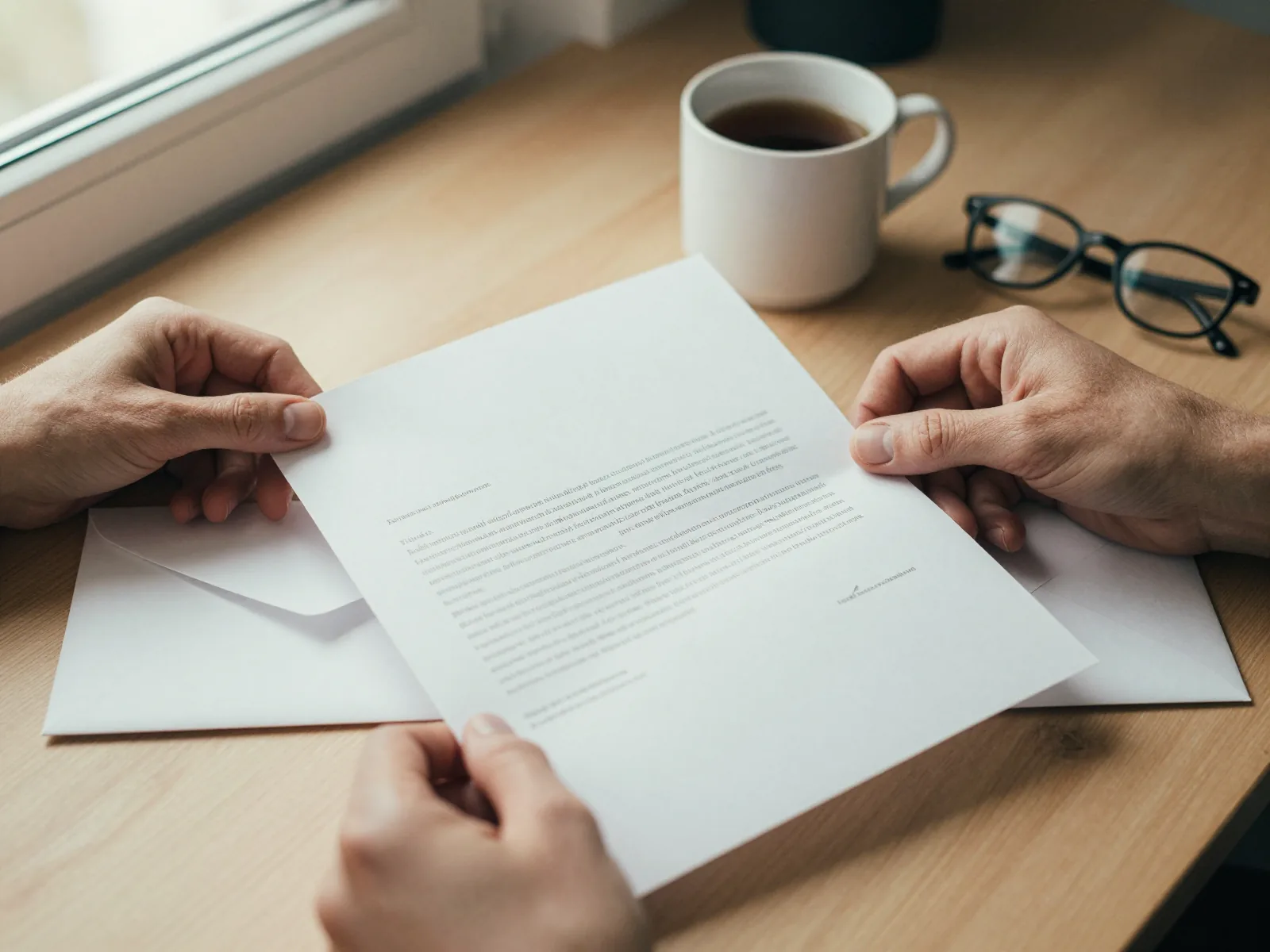 Haende halten einen Kuendigungsbrief mit sichtbarem Briefkopf ueber einem Schreibtisch.