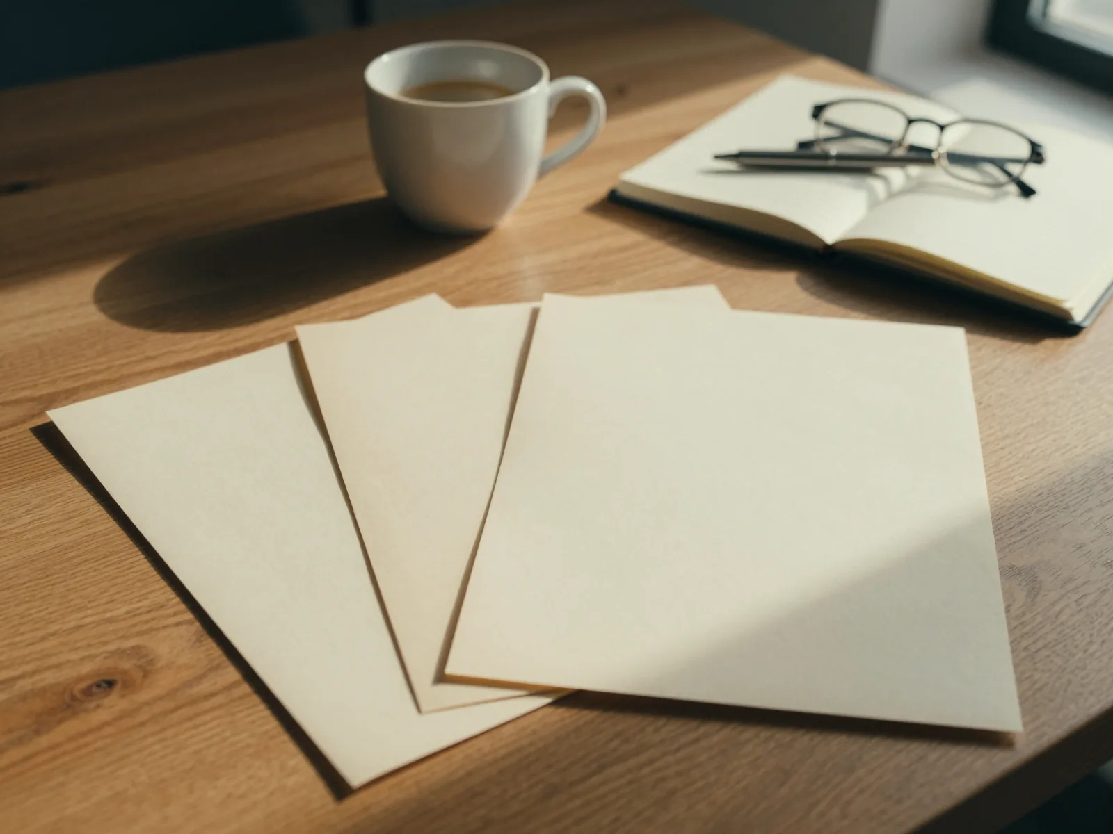 Mahnung und Inkassoschreiben liegen aufgefaechert auf einem Holztisch neben einer Tasse Kaffee.