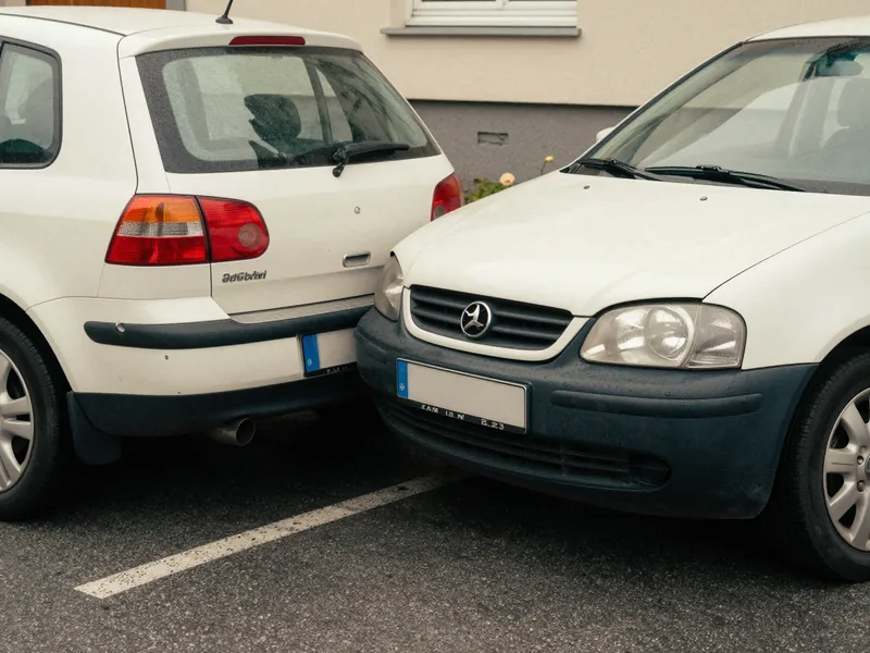 Zwei beschaedigte PKW nach einer leichten Kollision, Kennzeichen unscharf.
